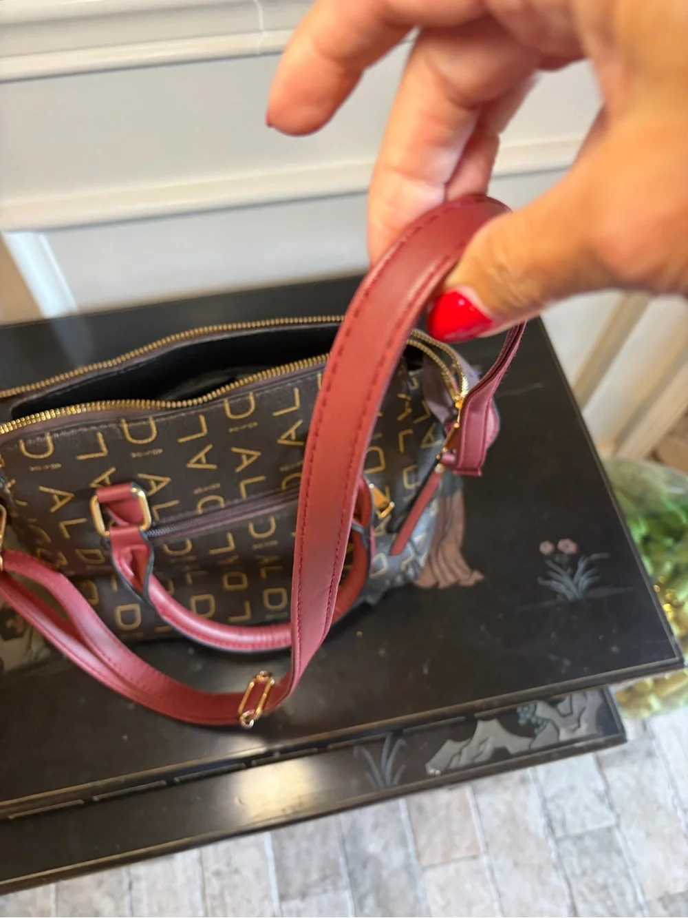 Aolida Monogram Satchel with Burgundy Trim and Strap